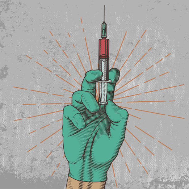 주사기와 손. - syringe injecting vaccination healthcare and medicine stock illustrations