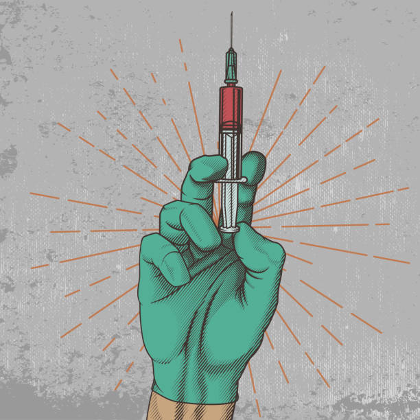 рука с инъекционным шприцем. - injecting syringe vaccination doctor stock illustrations