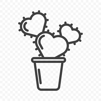 Icon of cactus in a pot. The shape of several hearts with thorns. Minimalistic linear design. Isolated vector on a transparent PNG background