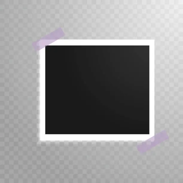 Vector illustration of A white frame with a black photo on a gray checkered background glued with pink tape in two corners. Vector illustration. Stock Photo.