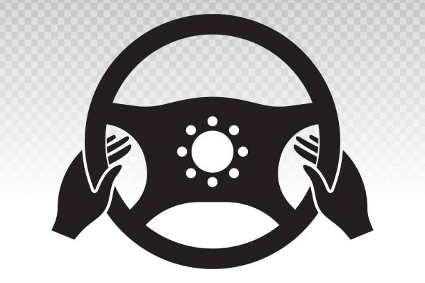 samochód / samochód kierownica / kierownica płaska ikona aplikacji lub strony internetowej - driving steering wheel human hand wheel stock illustrations