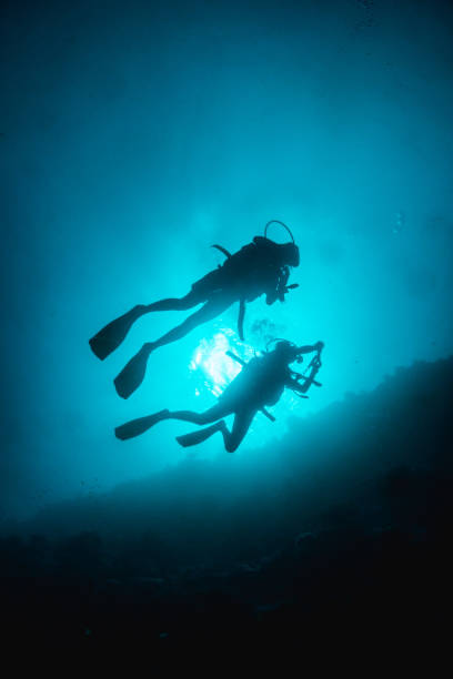 istock Underwater diver silhouette shot facing up to the surface 1222959021