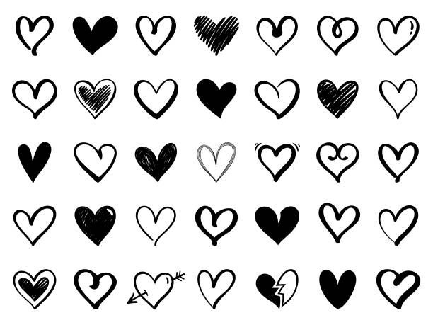 Hearts Set of hand drawn vector hearts. Doodle design elements isolated on white background. heart line art stock illustrations