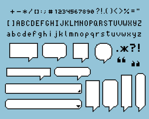 коллекция набор ретро игры 8 бит пиксель речи пузырь воздушный шар, текстовый ящик баннер, черно-белый цвет - twitter black and white online messaging speech bubble stock illustrations