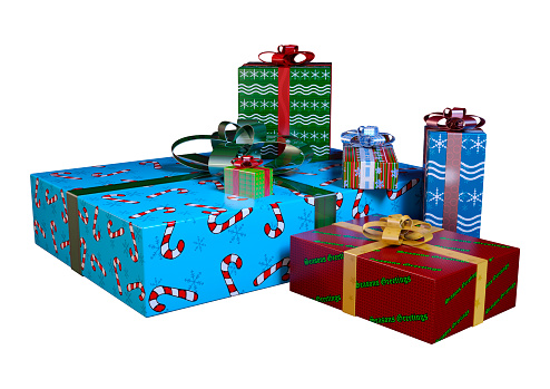 3D rendering of a Christmas presents pile isolated on white background