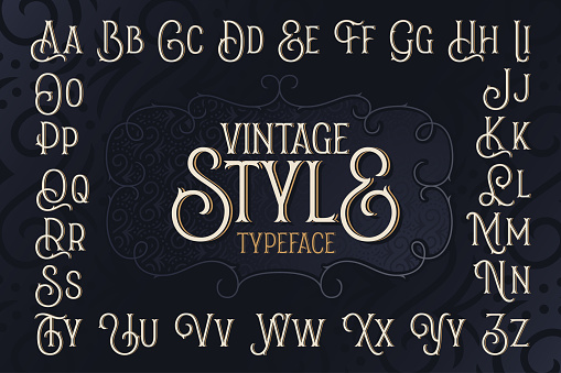 Vintage style typeface set with dark blue decorative ornate background