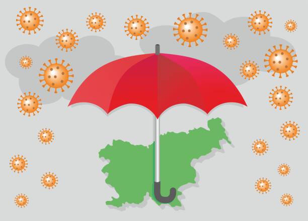 istock Red Umbrella protect against suffer and sorrows of Corona virus, Slovenia map. Vector illustration. 1222961849