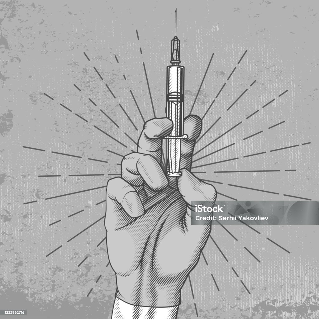 Hand with injection syringe. Vector illustration in engraving technique of doctor hand in glove with medical injection syringe. Isolated on grunge background. Injecting stock vector