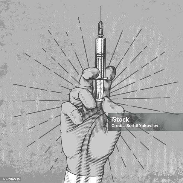 Hand With Injection Syringe Stock Illustration - Download Image Now - Injecting, Vaccination, Line Art