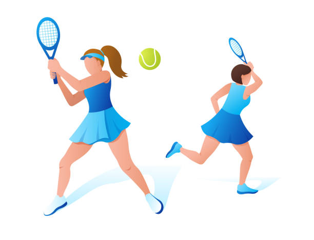 теннисисты играют ракетками на корте. чемпионат, тренировка. победа в командных соревнованиях по спорту - muscular build athlete tennis women stock illustrations