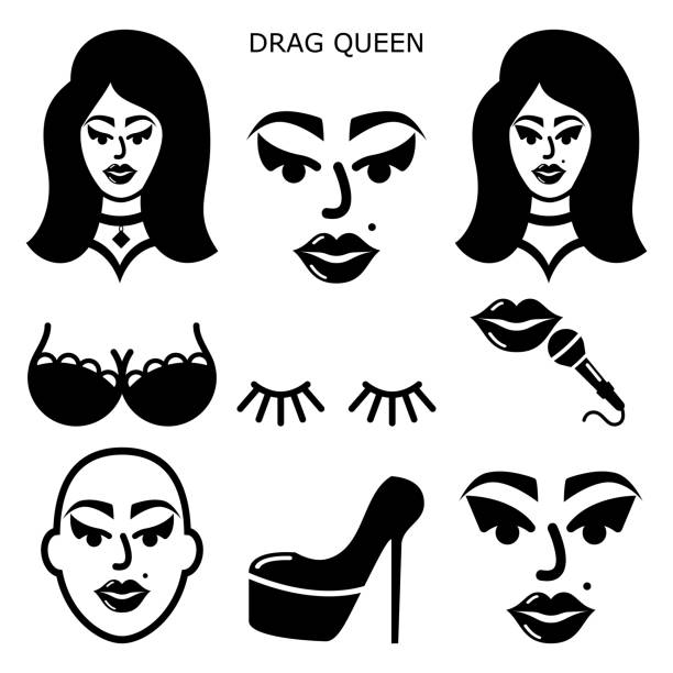 illustrations, cliparts, dessins animés et icônes de drag queen vector icons set, drag show, drag performance, man dressed as sexy woman idea - travesti