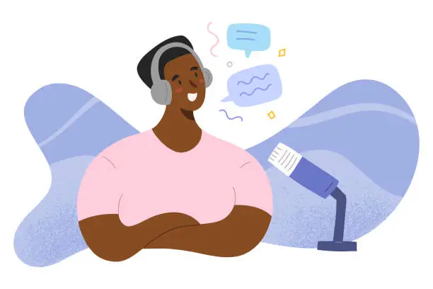 Vector illustration of Podcast host, guy recording an audio show sitting in headphones, making a radio series with microphone, producing media content, self made live broadcast, vector cartoon character