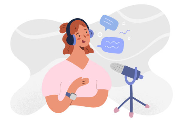 Podcast host recoding, streaming an series of online radio episode. Woman blogger in headset and microphone, making media record at home or studio, hand drawn cartoon vector illustration isolated Podcast host recoding, streaming an series of online radio episode. Woman blogger in headset and microphone, making media record at home or studio, hand drawn cartoon flat vector illustration isolated part of a series stock illustrations