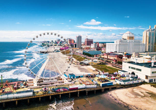 Atlantic city waterline aerial view. AC is a tourist city in New Jersey Atlantic City, USA - September 20, 2017: Atlantic city waterline aerial view. AC is a tourist city in New Jersey famous for its casinos, boardwalks, and beaches new jersey photos stock pictures, royalty-free photos & images