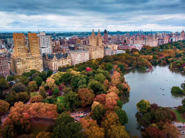 vista aerea di new york dal parco centrale - autumn park central park lake foto e immagini stock