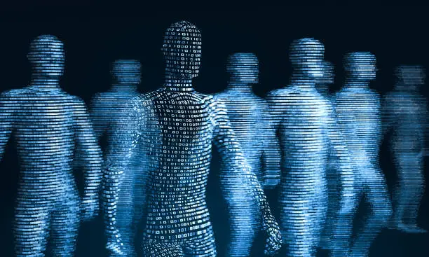 crowd of walking digital people. The concept of the symbiosis of man and technology. Computer integration in humans. 3d rendering