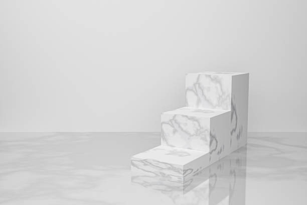 istock Abstract white background with geometric shape. Marble cube 3d blocks for display stand, showcase, presentation, cosmetic. 3d rendering with stairs up. white podium isolated in studio. Minimal concept 1222971296