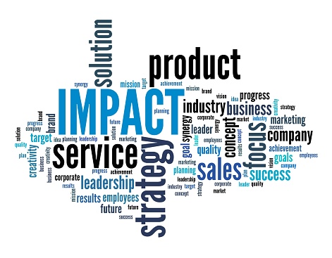 Product impact - company strategy word cloud sign.