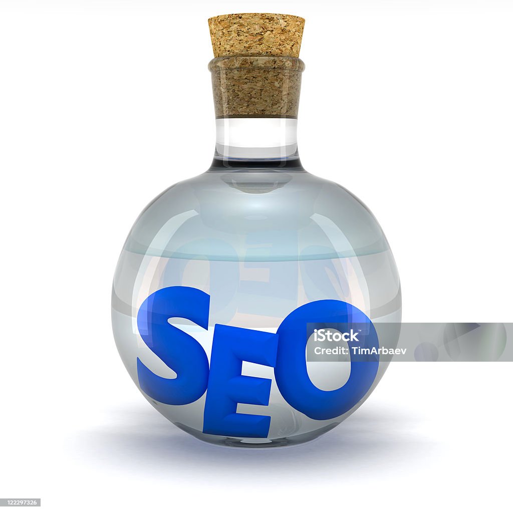 SEO laboratory Blue word SEO in the glass flask Analyzing Stock Photo