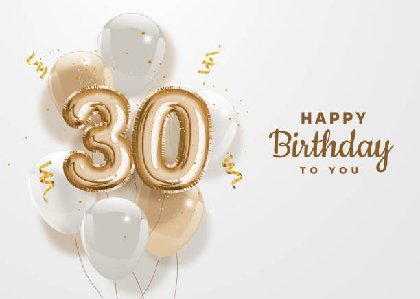 Happy 30th birthday gold foil balloon greeting background. Happy 30th birthday gold foil balloon greeting background. 30 anniversary logo template- 30th celebrating with confetti. Vector stock. number 30 stock illustrations