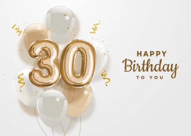 Vector illustration of Happy 30th birthday gold foil balloon greeting background.
