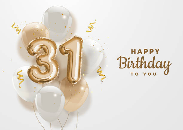 Happy 31th birthday gold foil balloon greeting background. Happy 31th birthday gold foil balloon greeting background. 31 years anniversary logo template- 31th celebrating with confetti. Vector stock. number 31 stock illustrations