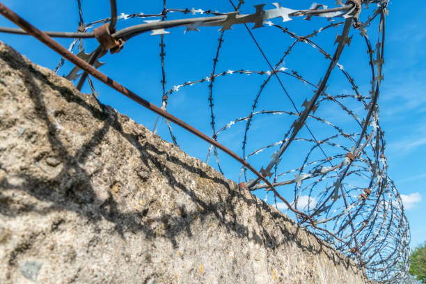 istock Barbed wire coiled around a fence against a blue sky 1222973583