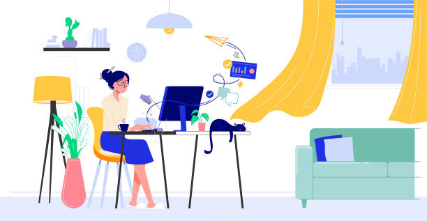 ilustrações de stock, clip art, desenhos animados e ícones de home office vector illustration in flat design. woman sitting at desk in room, looking at computer screen and talking with colleagues online. freelancer or blogger home office concept. - work from home
