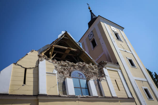 Church destroyed after strong earthquake Church of the Visitation of the Blessed Virgin Mary destroyed after strong earthquake that happened 22 of March 20202 in Cucerje, Zagreb. Front part of the church have collapsed. zagreb earthquake stock pictures, royalty-free photos & images