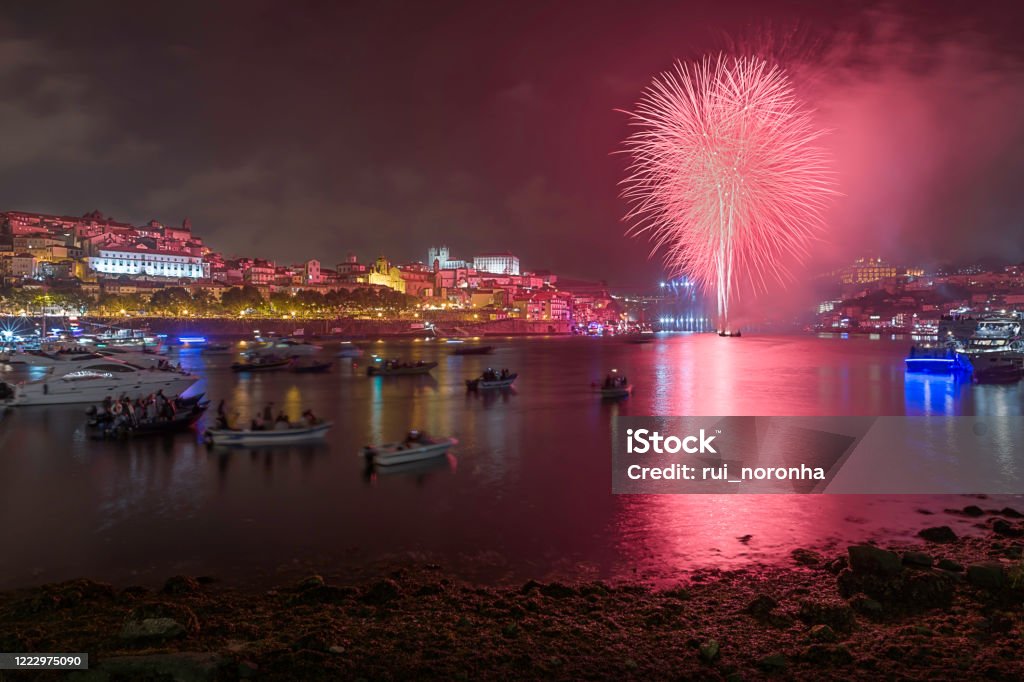 St. John's fireworks Fireworks in Porto during the celebration of S. João, Portugal. Porto - Portugal Stock Photo