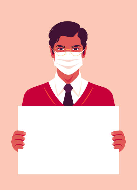 A young man with a medical mask is holding an empty poster. Epidemic, coronavirus. Protesting. A young man with a medical mask is holding an empty poster. Epidemic, coronavirus. Protesting. Vector flat illustration covid politics stock illustrations