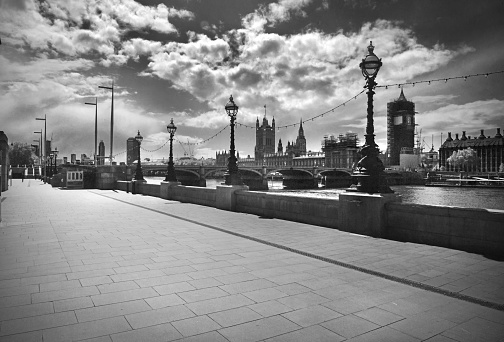 Westminster skyline and embankment empty and abandoned during the Corvid 19 pandemic lock down