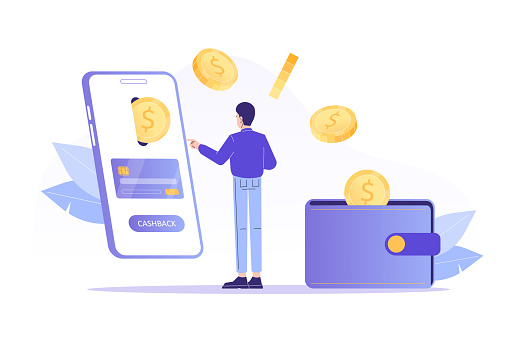 Online cashback concept. Young man receiving cashback for a buyer. Coins or money transfer from smartphone to e-wallet. Online banking. Saving money. Money refund. Isolated vector illustration