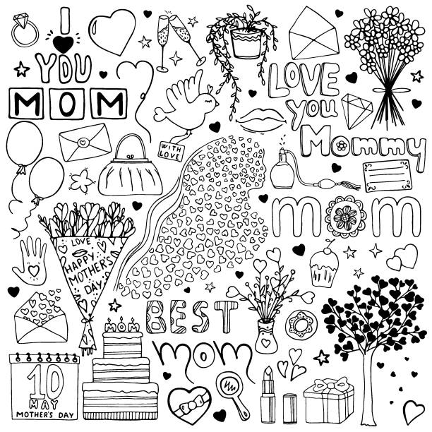 Hand drawn Mother`s day doodle set. Love you Mommy, best mom. Woman, bird, flower, heart, cake, present, envelope, bouquet, tree, calendar, lipstick, perfume, bag, ring, plant, mirror, lips, stemware Hand drawn Mother`s day doodle set. Love you Mommy, best mom. Woman, bird, flower, heart, cake, present, envelope, bouquet, tree, calendar, lipstick, perfume, bag, ring, plant, mirror, lips, stemware doodle stock illustrations