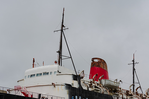 Llanerch-y-Mor, UK : Jul 31, 2019: Passenger ferry steam ship, TSS Duke of Lancaster operated from 1956 to 1979. It was then permanently beached to operate as a tourist attraction & is now abandoned.