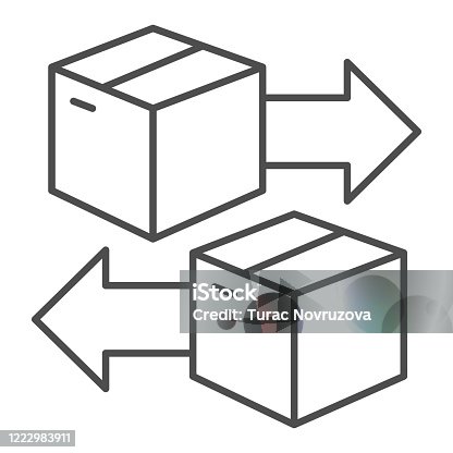 istock Cardboard boxes with arrows thin line icon, delivery and logistics symbol, Cargo goods box with exchange arrow vector sign on white background, return package icon outline style. Vector graphics. 1222983911