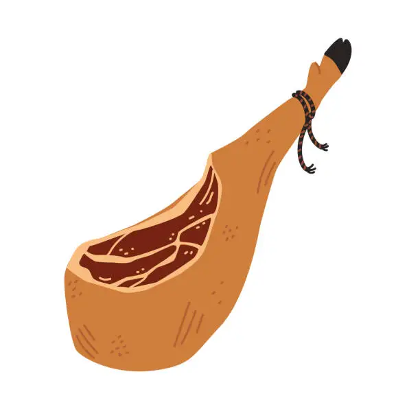 Vector illustration of Jamon. Meat delicatessen on white background. Spanish dry cured pork leg with black hoof, jamon iberico bellota. Simple flat style vector illustration