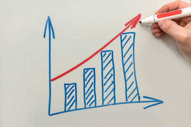 istock Hand drawing graph with blue marker. Businessman drawing magnifying arrows oven business graph 1222994751
