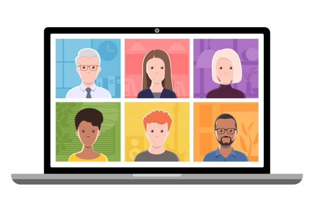 Video conference on a laptop computer. Laptop computer displaying six cartoon style generic people and their environments. The people on the screen are separated objects for easy editing. teamwork clipart stock illustrations