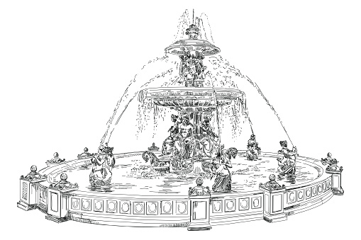 Fountain at Place de la Concord (landmark of Paris) vector hand drawing illustration in black color isolated on white background