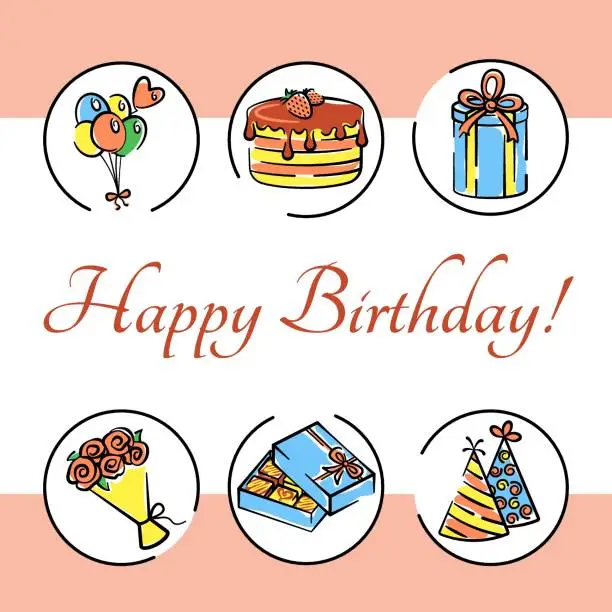 Vector illustration of Vector birthday card with a bouquet of flowers, a box of chocolates, holiday caps, gift box, holiday cake, bunch  air balloon hand-drawn