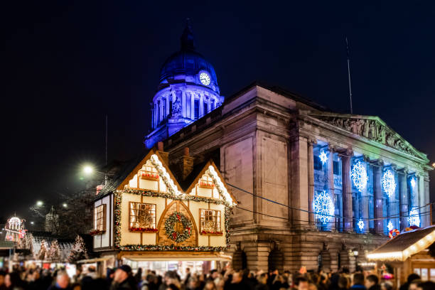 Nottingham Christmas Market (England, UK) The dominant building overlooking the square is the Nottingham Council House. nottingham stock pictures, royalty-free photos & images