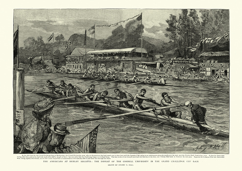 Vintage illustration of a Coxed eight rowing race between Cornell and Cambridge Universities at Henley Regatta, in the Grand challenge cup race, 1895
