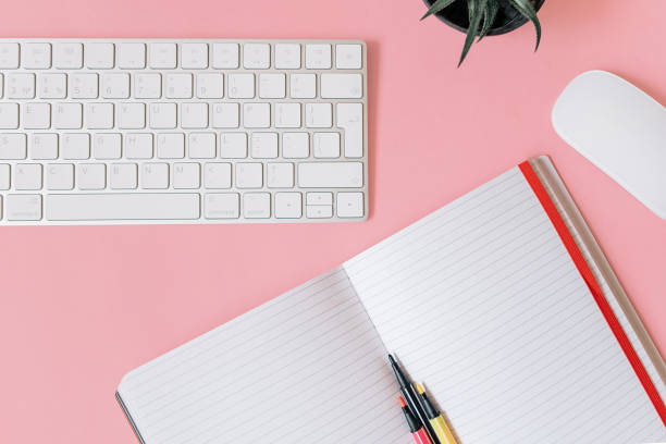 istock Office desk Photo with copy space in flat lay 1222997108