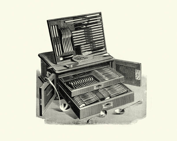 Victorian cutlery canteen, 19th Century Vintage illustration of a Victorian cutlery canteen, 19th Century black and white kitchen sink stock illustrations