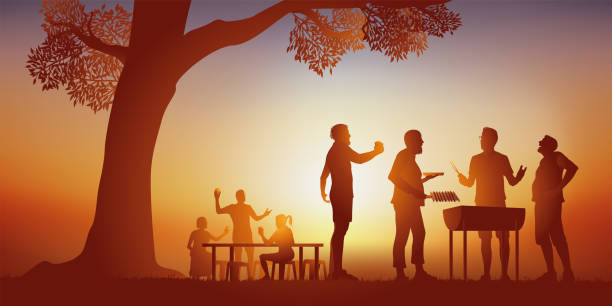 urlaubskonzept, mit freunden, die eine gute zeit rund um einen grill haben. - toast party silhouette people stock-grafiken, -clipart, -cartoons und -symbole