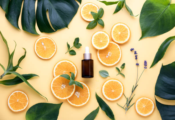 Natural cosmetics concept, fresh ingredients for skin treatment serum Natural cosmetics concept, fresh ingredients for skin treatment vitamin C serum, flat lay vitamin c stock pictures, royalty-free photos & images
