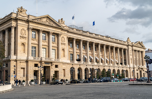 Paris, France - February 21 2020: Hotel de la Marine and Hotel de Crillon located on the Place de la Concorde.