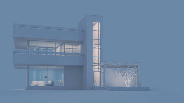 istock Modern house with a balcony and a high staircase, project in gray materials with night lighting and light from the windows on a gray background. 3D stock illustration. 1223003563