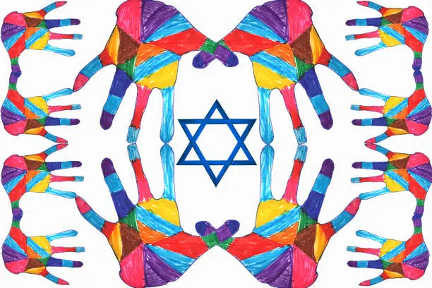 Photo of Solidarity  Star of David Judaism  Multicolored solidarity hands  Sharing Humanity